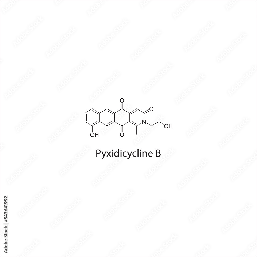 Pyxidicycline B flat skeletal molecular structure Tetracycline antibiotic drug used in bacterial infection treatment. Vector illustration.