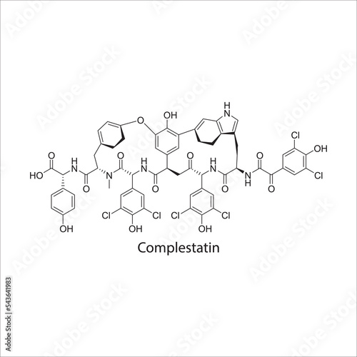 Complestatin flat skeletal molecular structure Glycopeptide antibiotic drug used in bacterial infection treatment. Vector illustration. photo