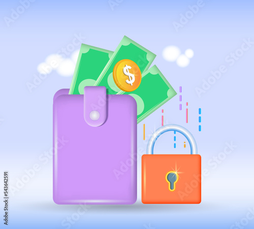 Wallet protection icon. The concept of payment security, financial security.
 The money is under reliable protection. Vector illustration, 3d.