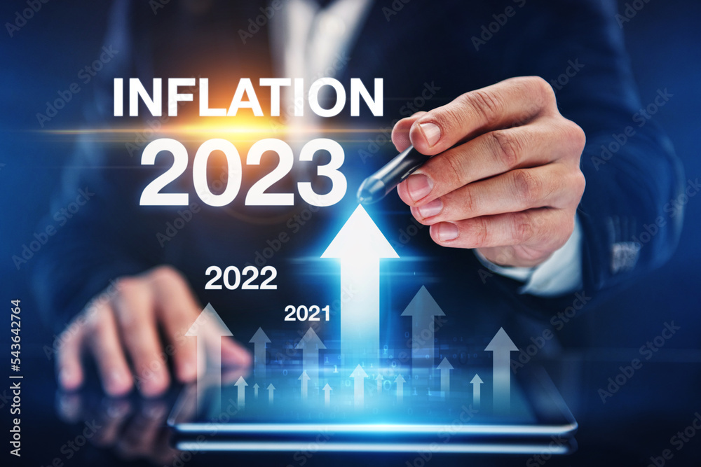 Rising inflation in the new year 2023. Concept demonstrating high inflation in the coming year Rising inflation in the new year 2023. Concept demonstrating high inflation in the coming year