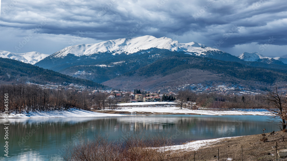 Snowy mountains,Landscapes. View of Plastiras lake at winter