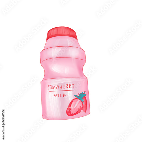 pink plastic bottle with milk with weight of strawberries, milkshake, bottle with strawberry pattern