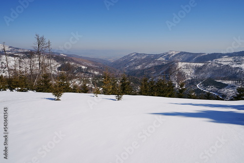 Panoramic Silesian Beskid on european Bialy Krzyz in Poland