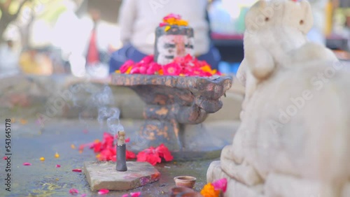 Red flowered Shiva Linga and burning incense in it near Haridwar photo