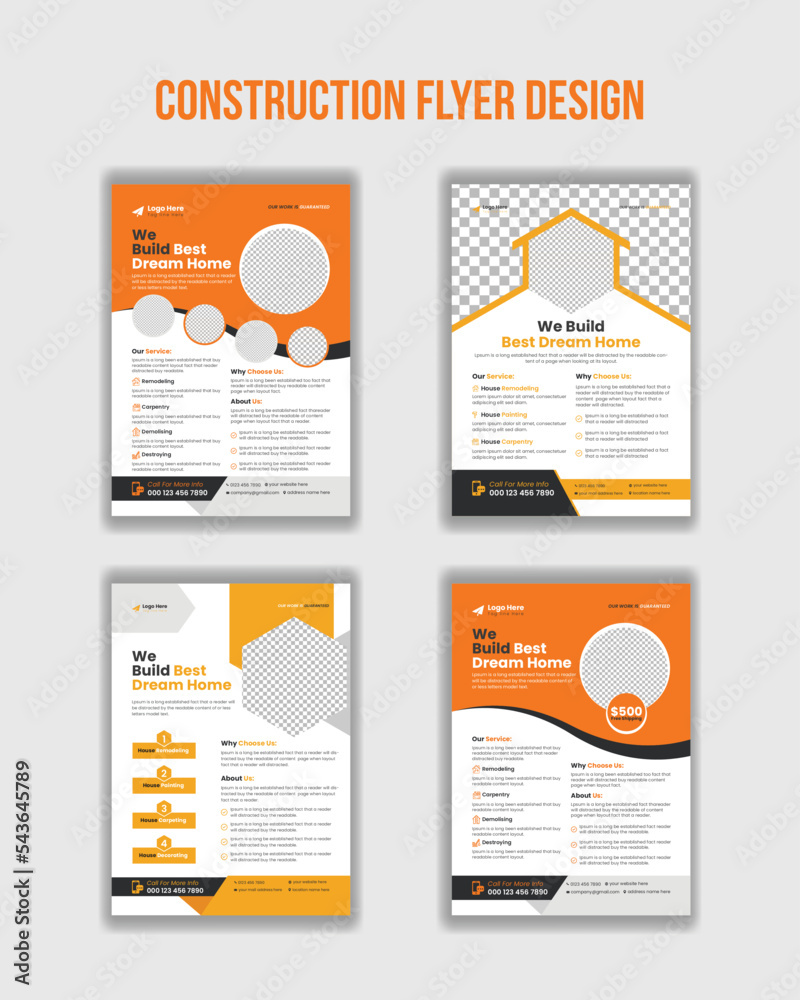 Modern and clean construction, handyman, plumbing, safety, commercial, renovation, architect, real estate, company flyer design

