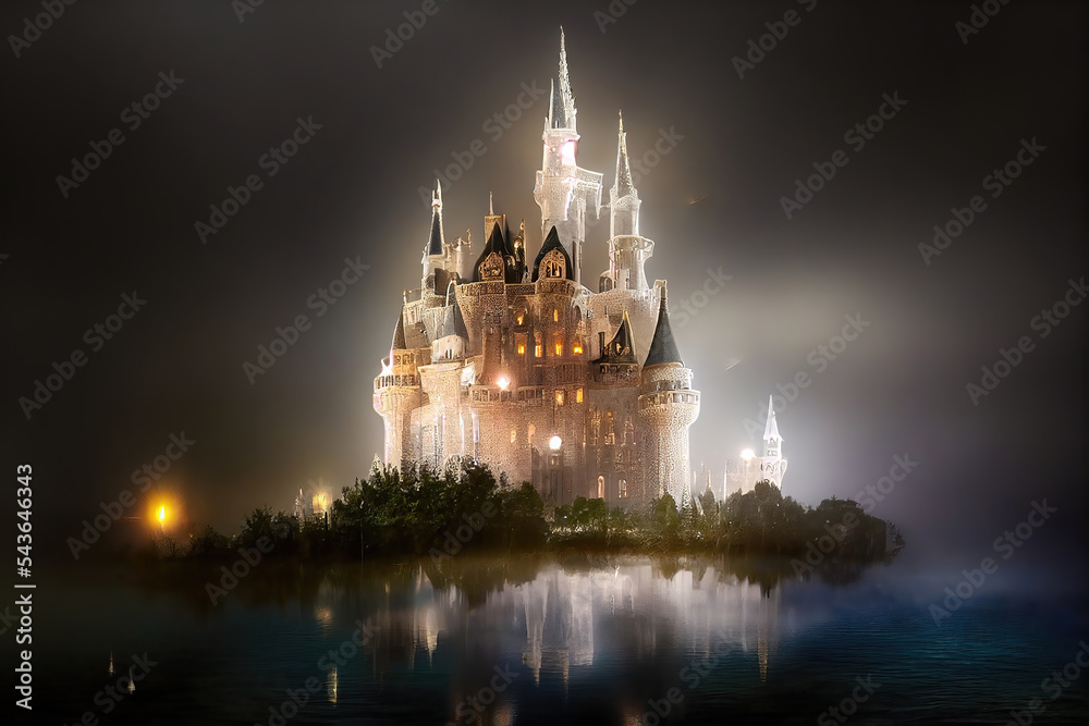 AI generated image of a fairy tale Cinderella castle made of crystal glass