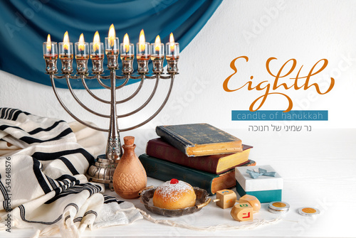 Eighth candle of Hanukkah (jewish religious holiday)  with Menorah (traditional candelabra)