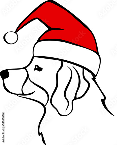 bernese mountain dog in santa hat, merry christmas black and white outline portrait graphic, isolated vector illustration