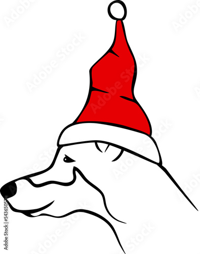 doberman pincher dog in santa hat, merry christmas black and white outline portrait graphic, isolated vector illustration