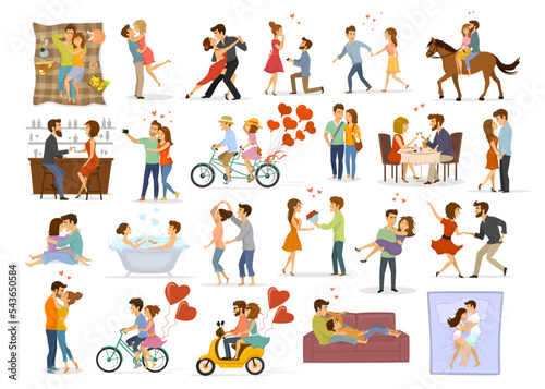 collection of couples in love on date, man woman hug, kiss embrace, dance, ride bike tandem bicycle, horse riding, take selfie, eat drink in bar restaurant, propose, have fun home, at picnic