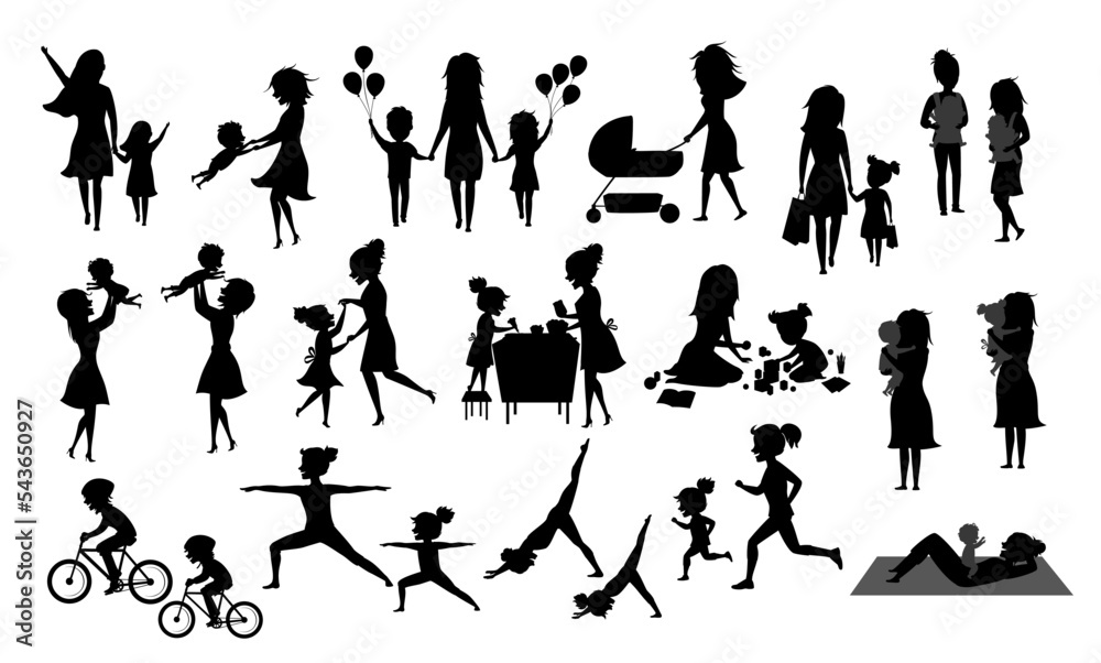  mother and children silhouette set, isolated vector illustration scenes in black color, mom with daughter son kids baby bake, play ride bike, exercise sport run yoga dance hug kiss walk, shopping