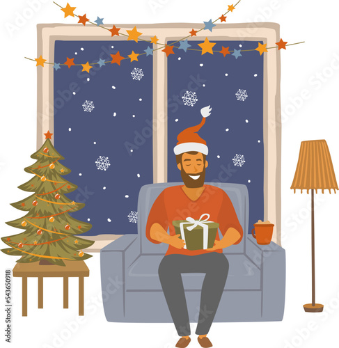 man celebrating merry christmas holiday happily alone, isolated vector illustration