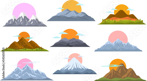 different mountains and sun graphic set, vector illustration