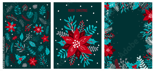 merry christmas xmas festive greeting card templates set with winter foliage plants flowers, vector illustration