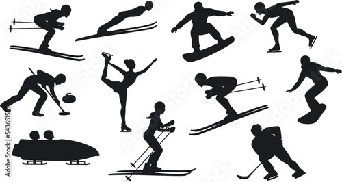 Valokuva Winter ice snow sports silhouettes set, cross country, freestyle s, snowboarding