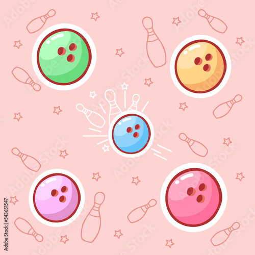 Cute hand-drawn set of bowling balls in doodle cartoon style. Composition in neutral candy colors. Kawaii element for card, social media banner, sticker, kids playroom decor. Vector illustration