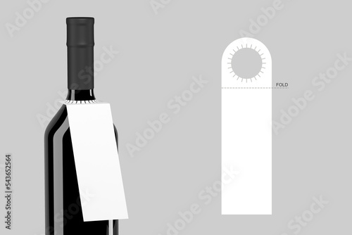 Blank bottle pop out neck hanger promotion label tag for branding wine product in glass bottle design with label diecut layout scheme, 3d render photo
