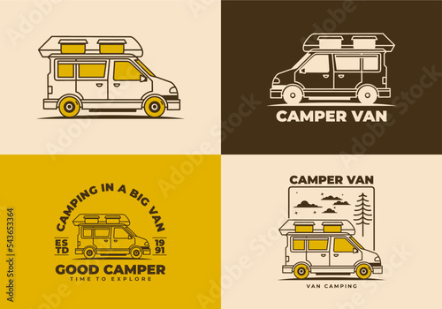 Vintage art illustration of a camper van car