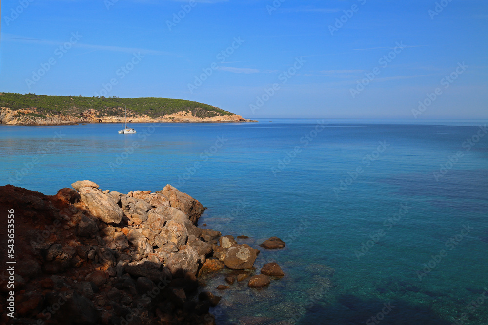 Tranquil view of S'illot des rencli near San Juan, Ibiza, Balearic Islands, Spain.