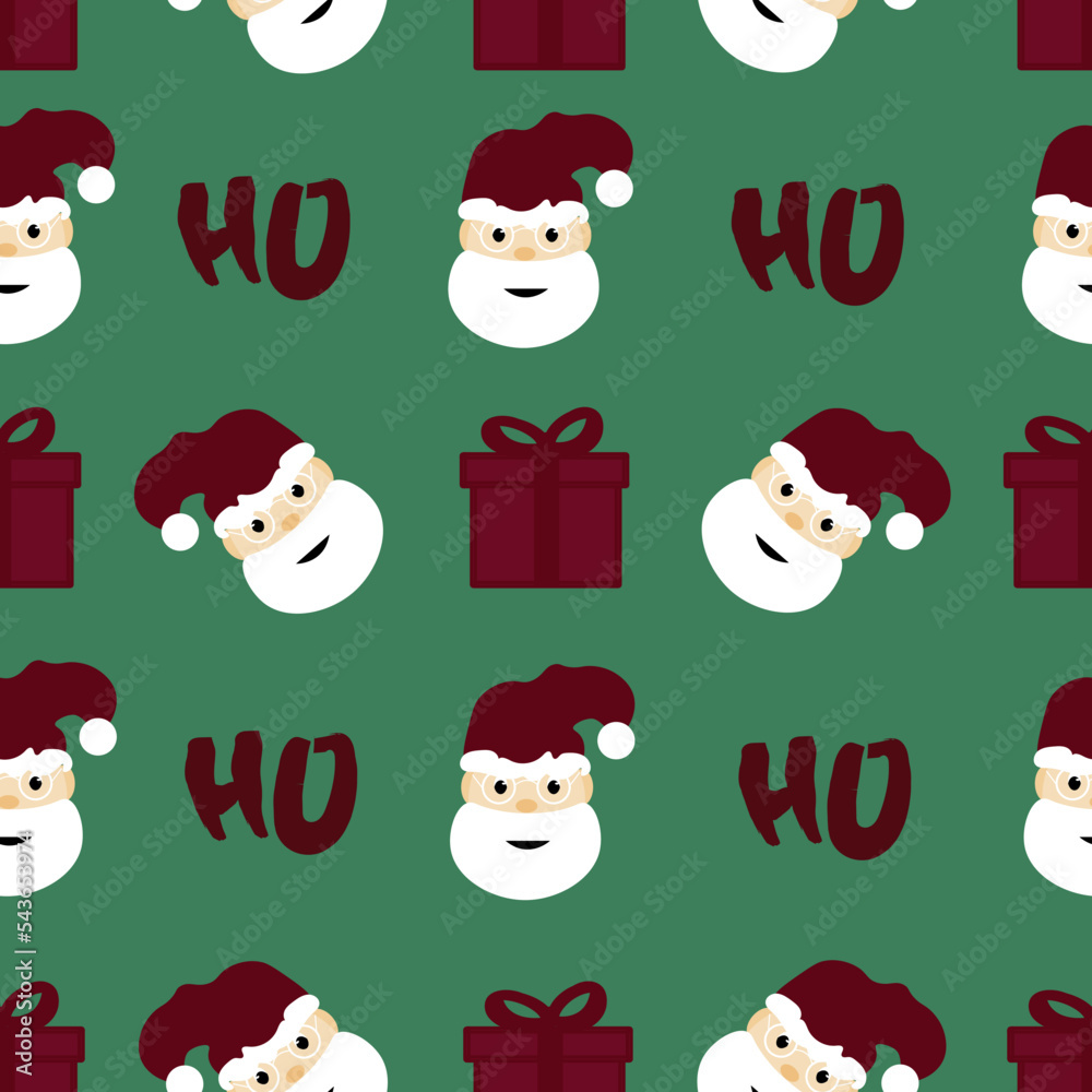 Fototapeta premium Wrapping paper with character of santa claus, gift box and ho ho ho. Seamless pattern with santa and inscription ho on green background. New year concept.
