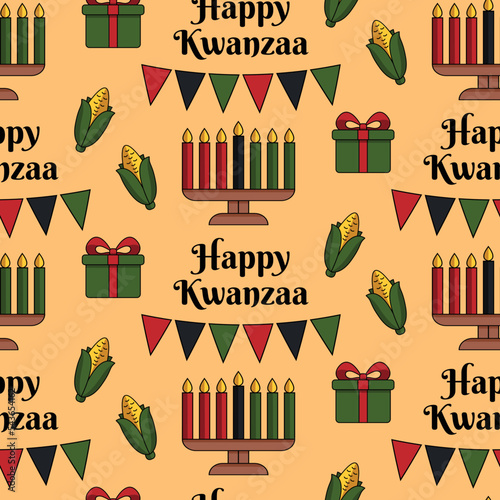 Happy Kwanzaa seamless pattern background in Modern flat style with Kinara candle holder, corn, gift box, text. Vector wallpaper design, wrapping paper, print, textile design, repeat texture