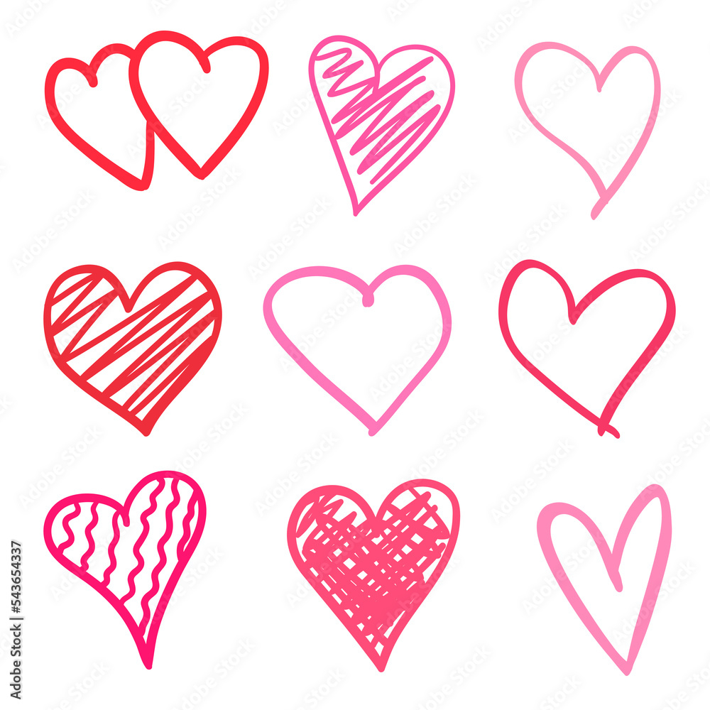 Multicolored trendy hearts on isolated white background. Hand drawn set of love signs. Unique abstract signs for design. Line art creation. Colored illustration. Elements for poster or flyer Multicolored trendy hearts on isolated white background. Hand drawn set of love signs. Unique abstract signs for design. Line art creation. Colored illustration. Elements for poster or flyer