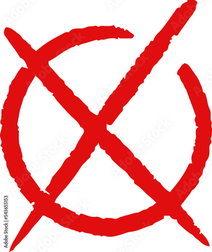 Vector illustration of handwritten red cross sing in circle.