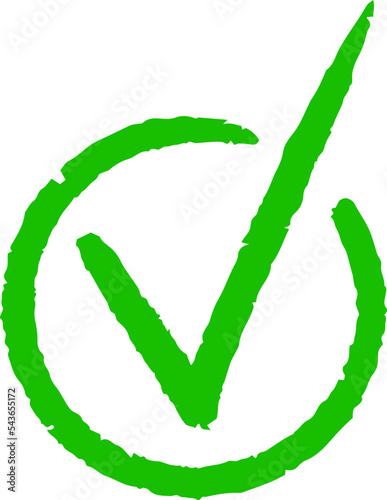 Vector illustration of handwritten green tick mark in circle.