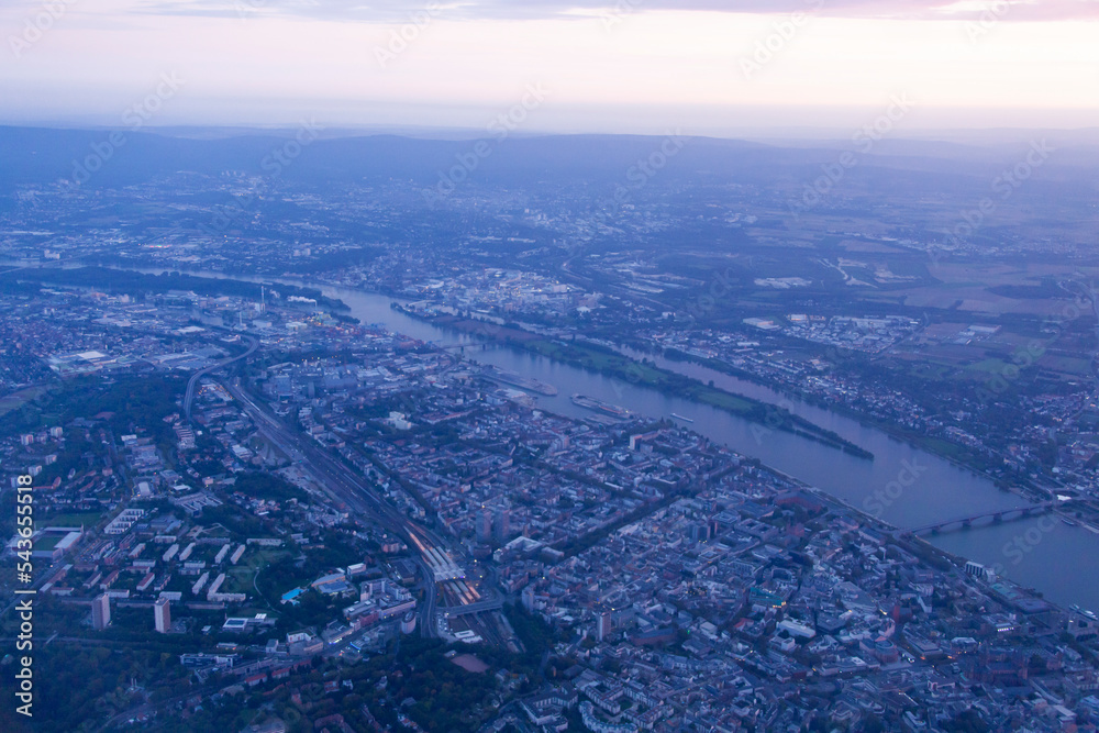 Frankfurt Aerial View With Main River Before The Sunrise