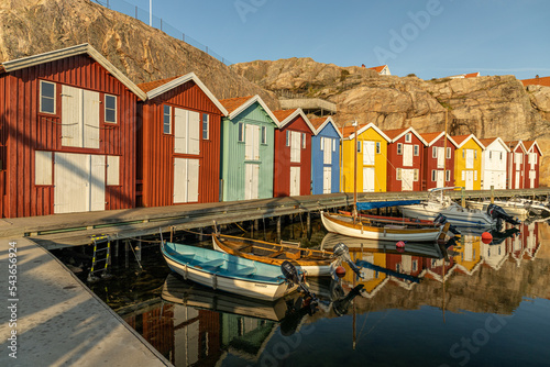 Photography Colorful waterfront and Traditional Boathouses in Smögen, Sweden