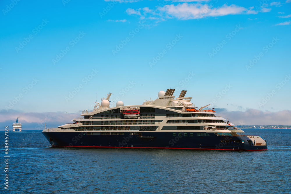 Luxury cruise ship in the open sea.