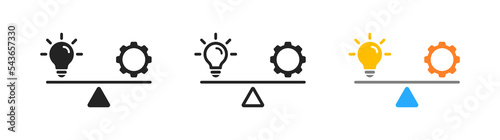 Theory and practice outline icon. Flat design. Self development. Lamp and cogwheel balancing on scales. Balance, training symbol.
