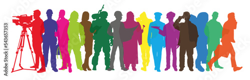 Silhouettes of people of different professions stand together as a labor market concept.