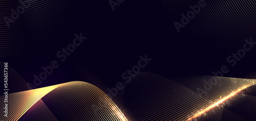 Abstact 3d luxury golden curve line with lighting effect and sparkle on dark blue background. Template premium award design.