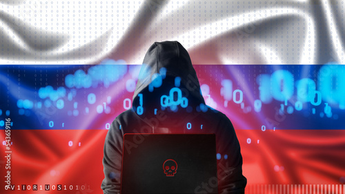 Cyber threat from Russia. Russian hacker at the computer, on a background of the colors of the flag of Russia. DDoS attack.