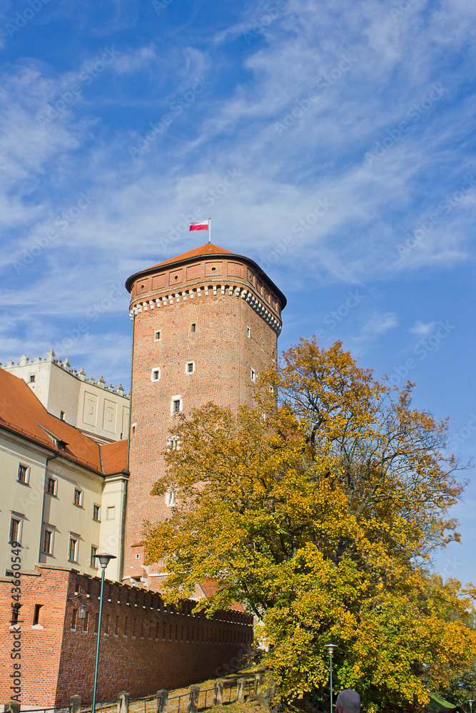 autumn landscape with the tower of Wawel Palace in Krakow, Poland