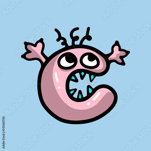 pink funny letter C in the form of a monster with a face and teeth, angry indignant and surprised, with shadow and highlights, doodle