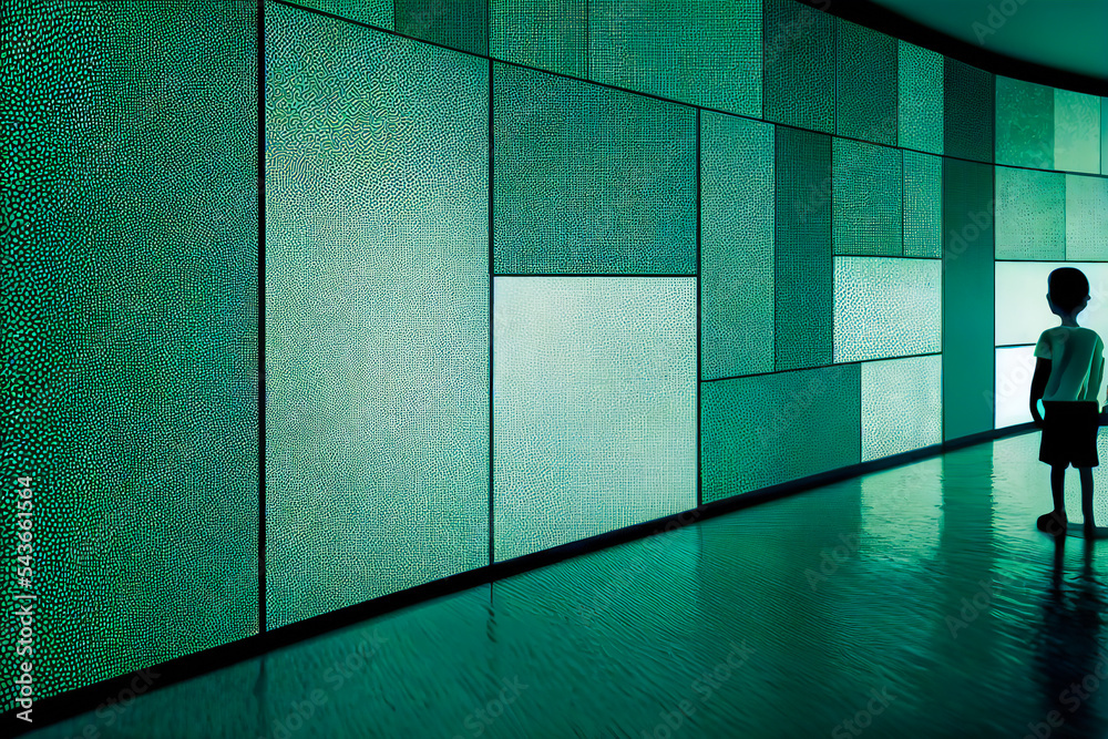 A young child is disturbed by the bright green screens on televisions