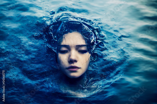 Face of a woman drowned on the surface of a very cold water. Blue face of death and cold.