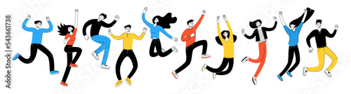 Happy people jump in the air. Celebration concept. Victory holiday, cheerful lifestyle. Vector flat line illustration