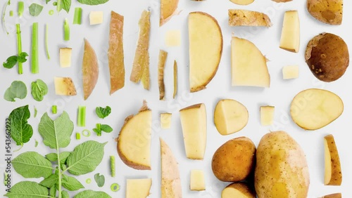 Potato vegetable pieces, slices and leaves being moved isolated on white. Seamless looping. High quality 4k video.