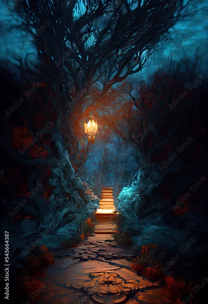 Gate to the other world in the enchanted forest, fairy world, mysterious forest, fantasy, magical place, colorful 