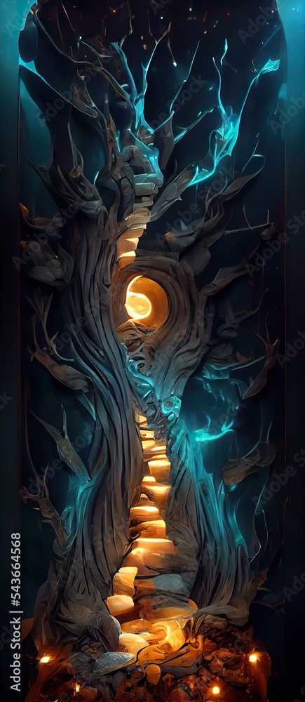 Gate to the other world in the enchanted forest, fairy world, mysterious forest, fantasy, magical place, colorful 