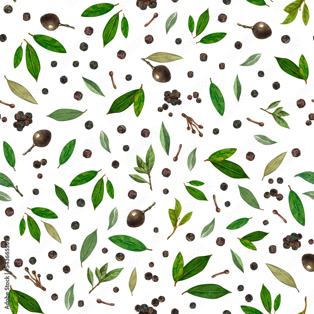 Seamless pattern bay leaves branches watercolor isolated on white background for all prints. Seamless pattern bay leaves branches watercolor isolated on white background for all prints.