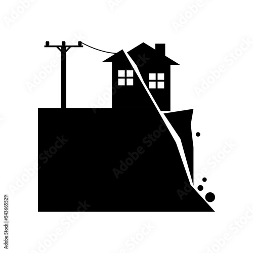 Broken building house with electric power voltage pole on mountain hill collapse earthquake landslide natural disaster warning sign black icon flat vector design.