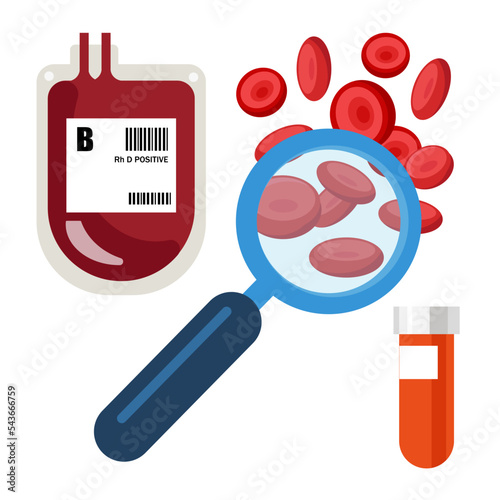 Blood analysis. Test tube with blood. Blood cells. Donor blood. Flat style vector illustration.