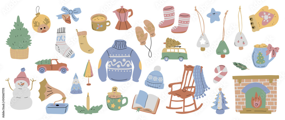 Set of winter christmas element vector illustration. Collection of sweater, pine tree, snowman, hat, rocking chair, fireplace, book, bell ring. Design for sticker, card, poster, invitation, greeting.