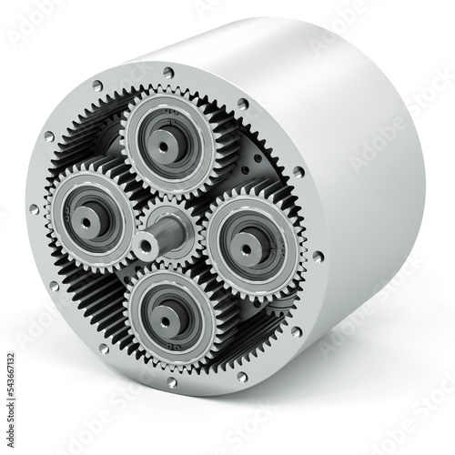 Planetary gear on a white background. Gearbox mechanism. 3d illustration photo