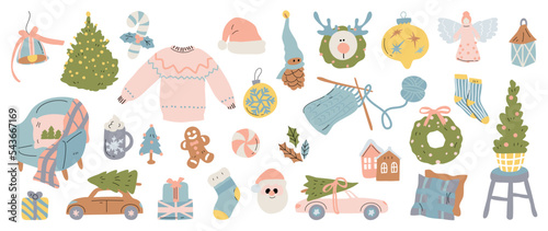 Set of winter christmas element vector illustration. Collection of bellring, armchair, sweater, present, candy, knitting, pine tree, santa, hat. Design for sticker, card, poster, invitation, greeting.