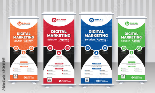 Modern creative corporate business standee x rollup pullup signage retractable banner with red blue green orange colors design vector template
